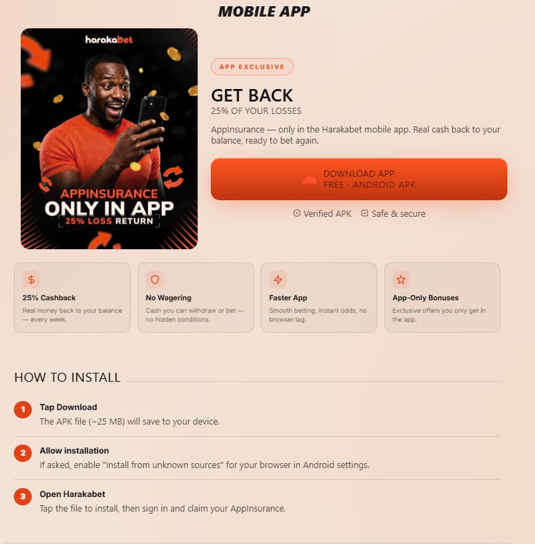 Page de téléchargement de l’application Harakabet