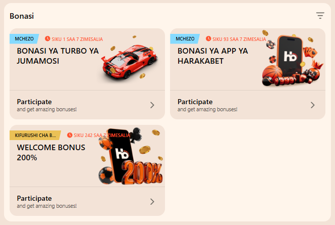 Bonasi za Harakabet Tanzania zikiwemo Turbo ya Jumamosi, bonasi ya app na bonasi ya kukaribisha ya 200%