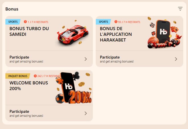 Offres Harakabet avec bonus Turbo du samedi, bonus de l’application et bonus de bienvenue de 200 %