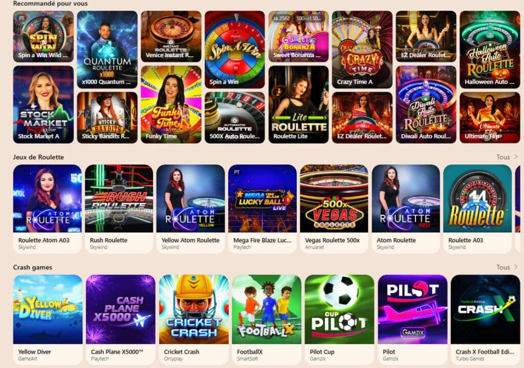 Catalogue des jeux de roulette et crash du casino Harakabet Sénégal
