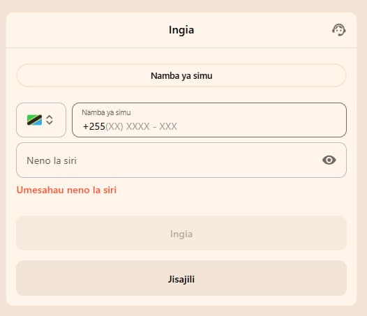 Fomu ya kuingia Harakabet Tanzania kwa kutumia namba ya simu na nenosiri
