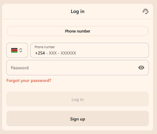 Harakabet Kenya login form with phone number